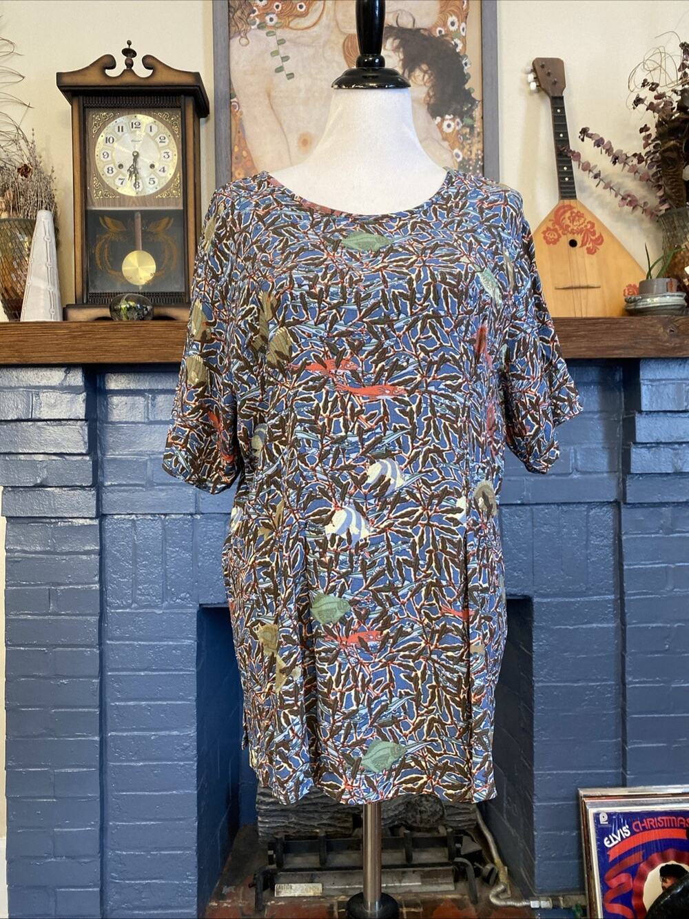 Flax By Jeanne Engelhart Tropical Fish Print Rayon M Shirt Oversized Tunic